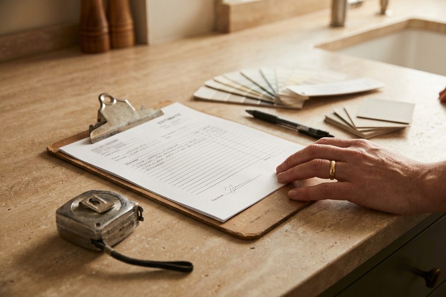 A written estimate on a clipboard with a tape measure and a paint fan deck