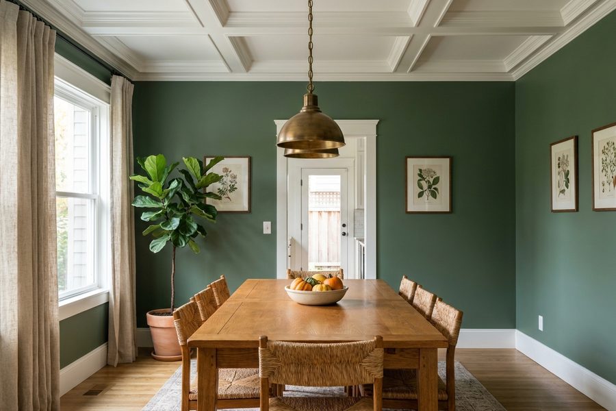 A dining room with deep sage walls and a white coffered ceiling