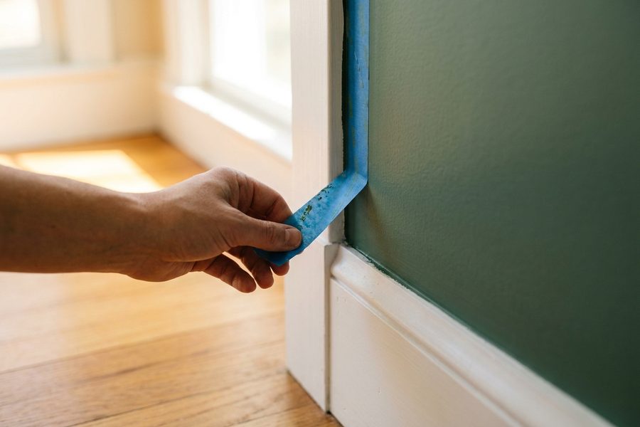 Tape pulled back from a crisp line where a sage wall meets white trim