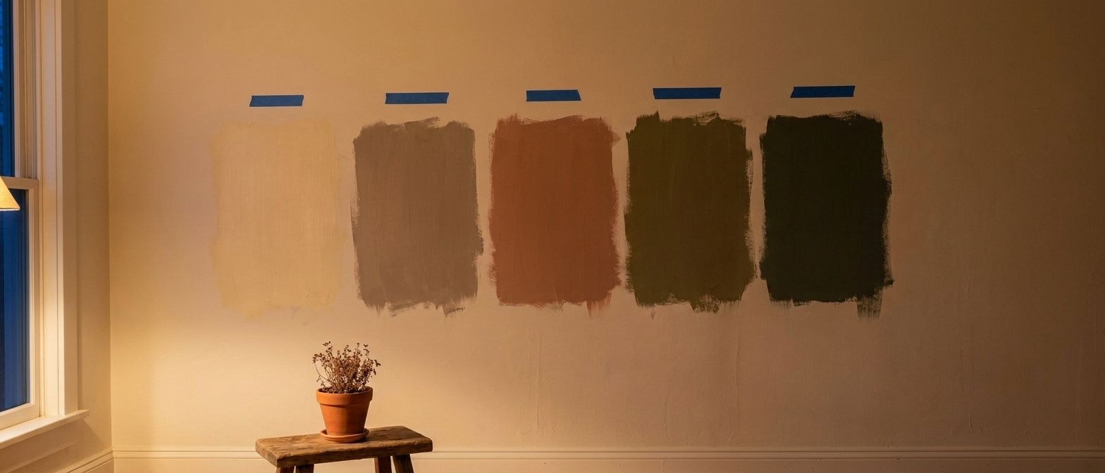 The same five samples on the same wall at night under lamplight