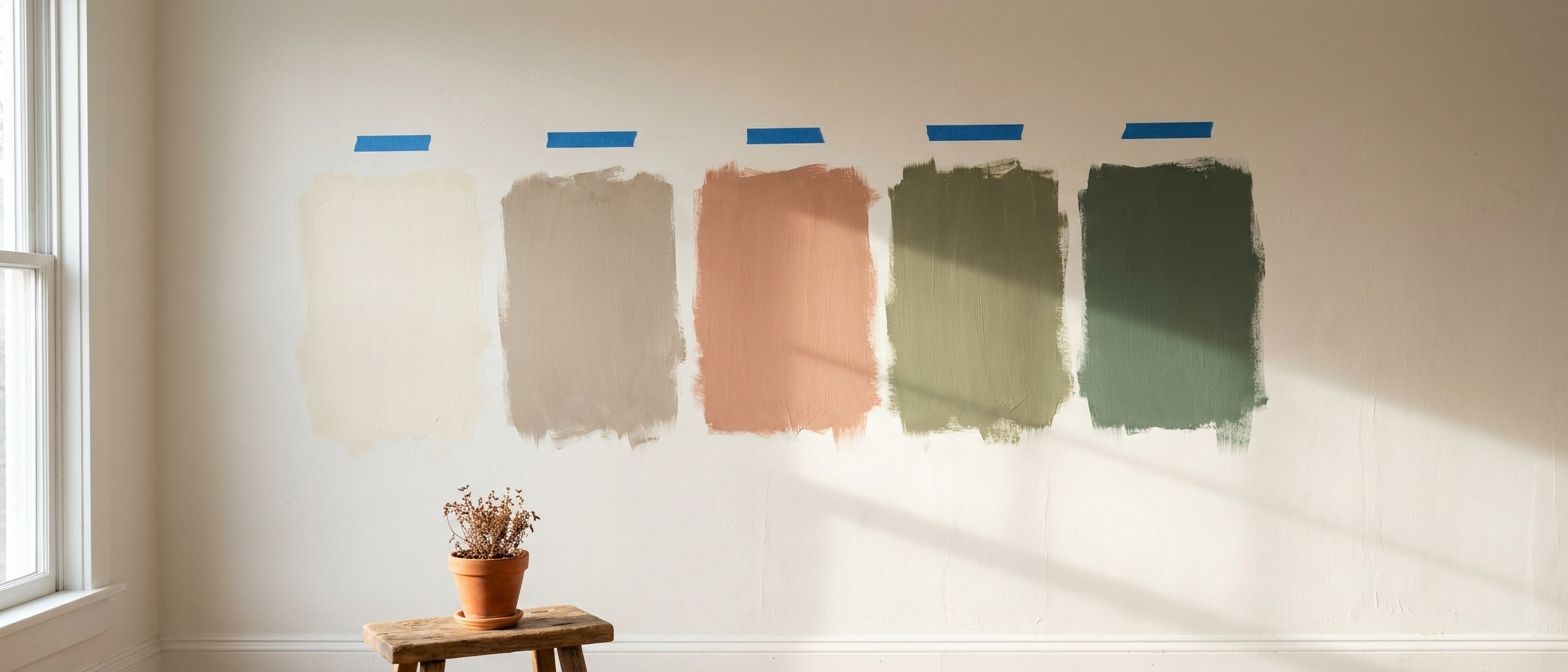 Five brushed out paint samples on a wall in morning light